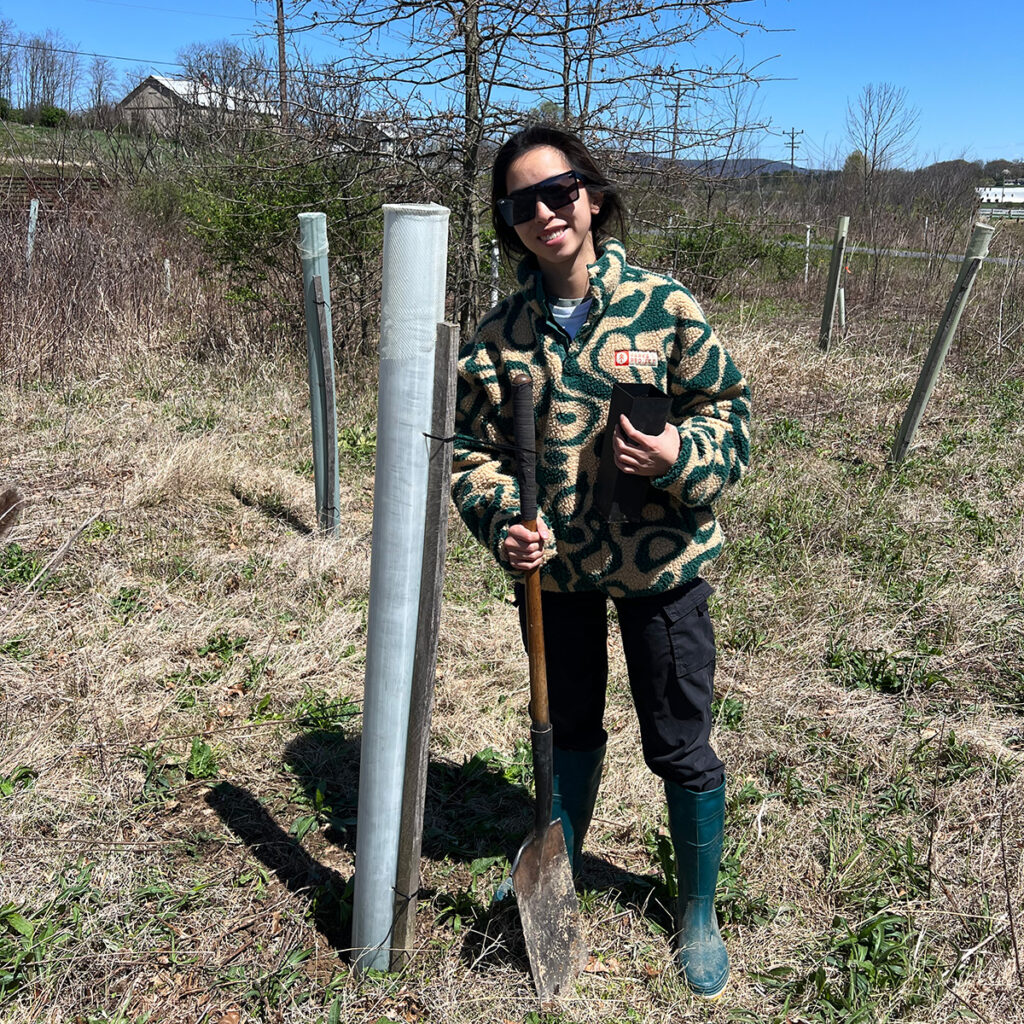 Lydia standing with the first sapling planted at Musser Gap on Earth Day.
