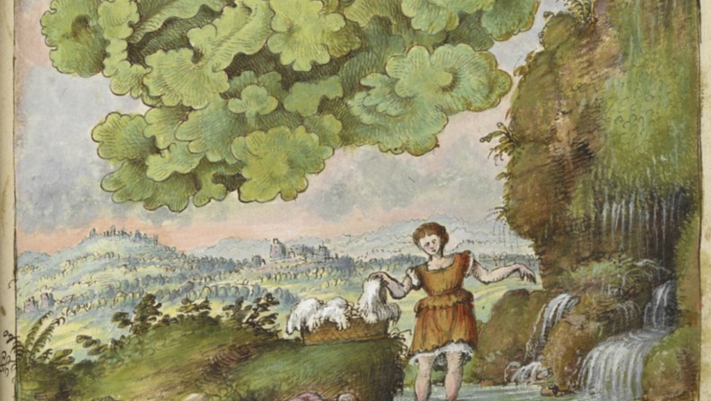 Painting of two women washing clothes in a stream with a large lichen formation in the sky above their heads.